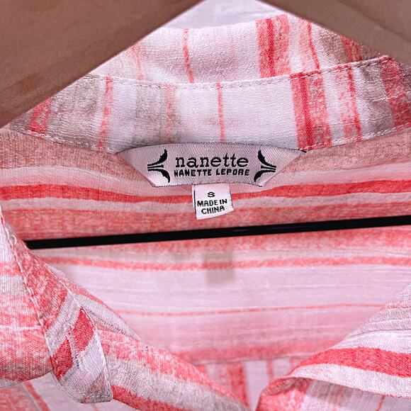 NANETTE LEPORE Longline Polo Collar Popover Top Coral Stripe Slits Womens Small - Picture 6 of 7